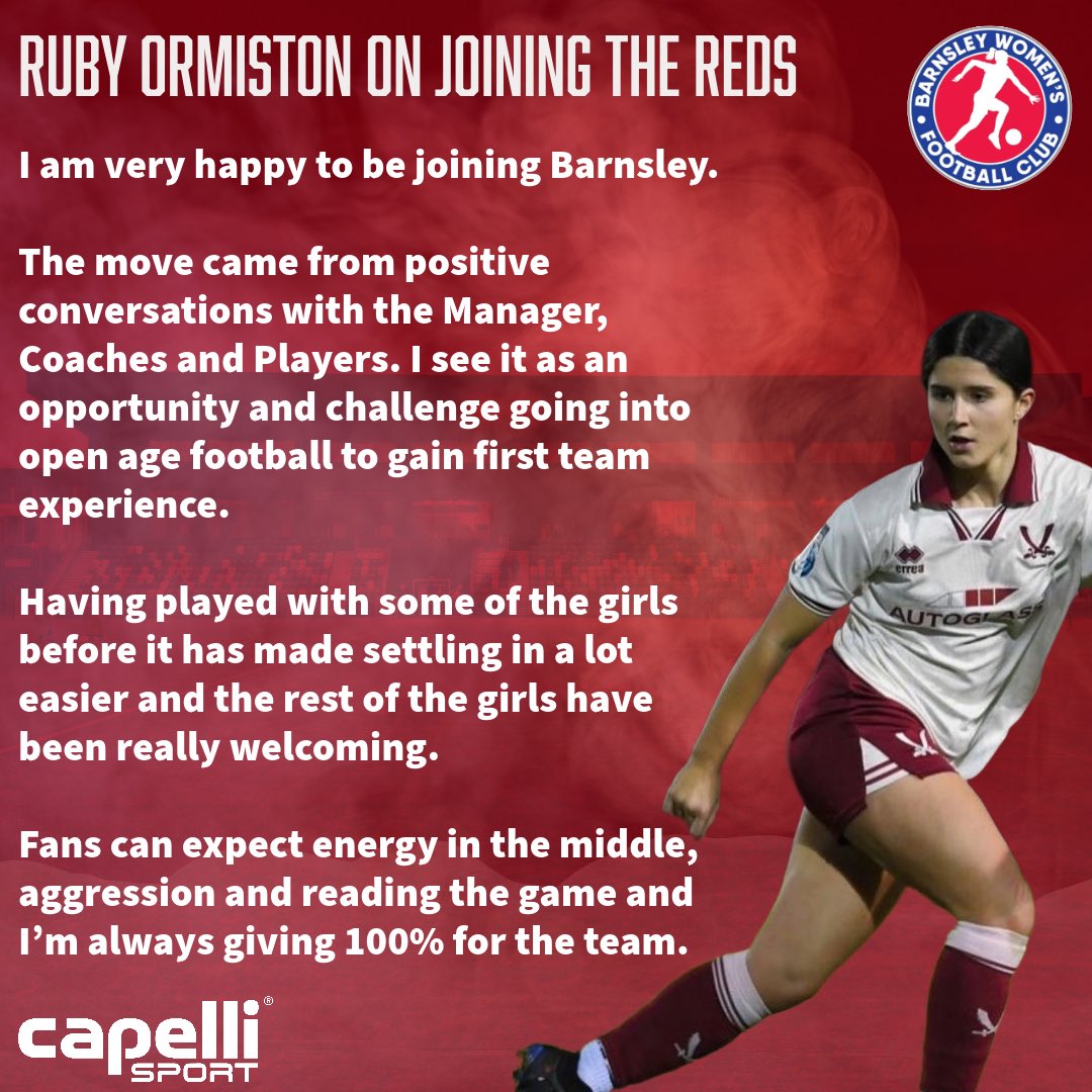 BarnsleyWFC's tweet photo. Ruby reacts to joining The Reds
Read the thoughts of our new signing, Ruby Ormiston on joining the Reds.
#youreds #newsigning #barnsleywfc #rubyrubyrubyruby https://t.co/K2DNIa6DxW