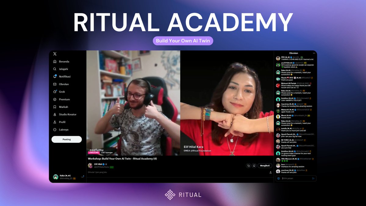 Just wrapped up Session 4 of the Ritual Academy Build Your Own AI Twin Workshop and my mind is blown! 🔥

It was an absolute masterclass, we literally built an AI Agent from scratch during the live coding session on X, the energy in the chat was unreal!

If you missed you have to