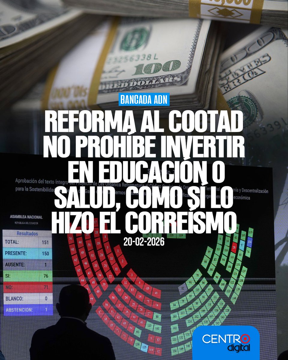 #ATENCION | La bancada oficialista ADN, aclaró que la aprobación de la Ley Orgánica Reformatoria al Código Orgánico de Organización Territorial, Autonomía y Descentralización (COOTAD), establece claramente que el 70% del presupuesto se invierta en infraestructura y desarrollo