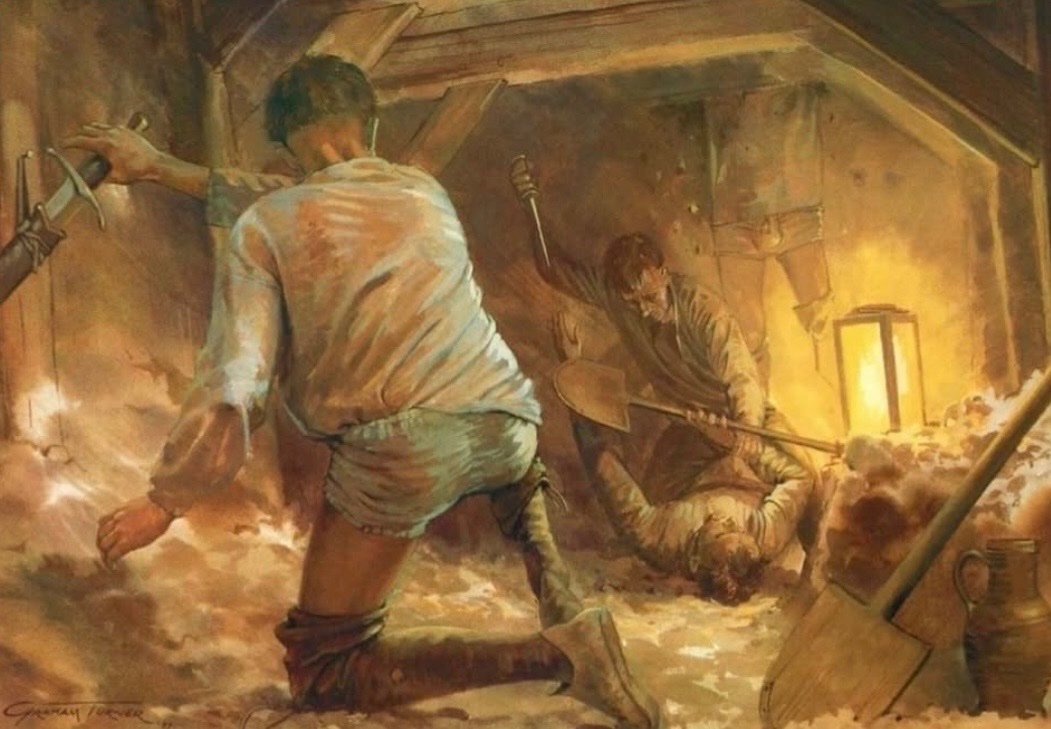 Ritwik2011's tweet photo. English miners trying to tunnel beneath a French fortification are discovered and confronted by French counter-miners, 1415 https://t.co/RHkgVRXnTi
