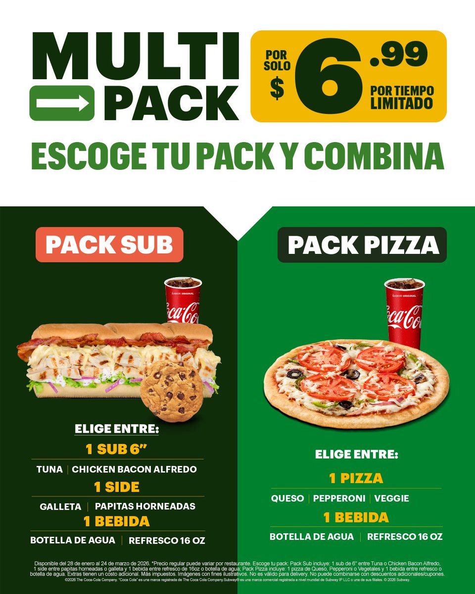 ¡Elige tu Multi Pack favorito!  Por solo $6.99, escoge tu pack de Sub de 6” o tu pack de Pizza. Detalles de la oferta: subway.com/es-pr/legal/pr…