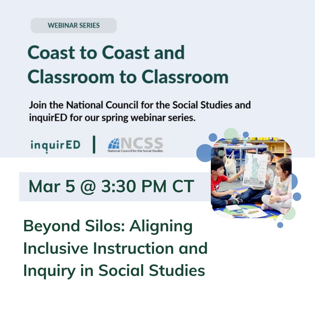 NCSSNetwork's tweet image. 💡 In just under two weeks, NCSS will join @Inquiredlearn to examine where silos tend to emerge, how they're being addressed, and what aligned #instruction looks like in practice. We invite all #educators to join us in this online conversation: hubs.li/Q042V7yX0 #edutwitter