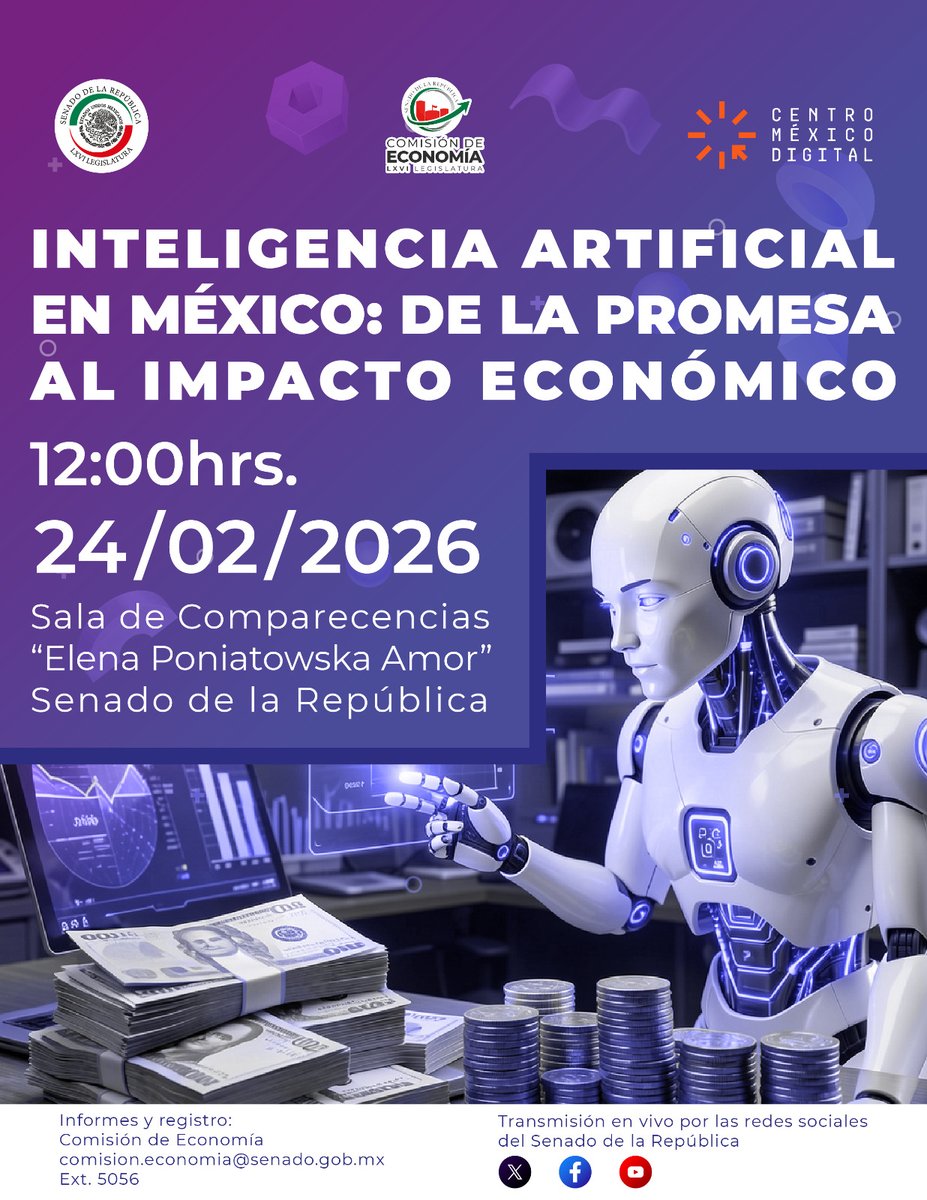 📌 El senador <a href="/EmmanuelReyesC/">Emmanuel Reyes</a> invita a la presentación del estudio “Inteligencia artificial en México: de la promesa al impacto económico”.

🗓️ 24 de febrero.
⌚ 12:00 horas.
📍 Senado de la República.