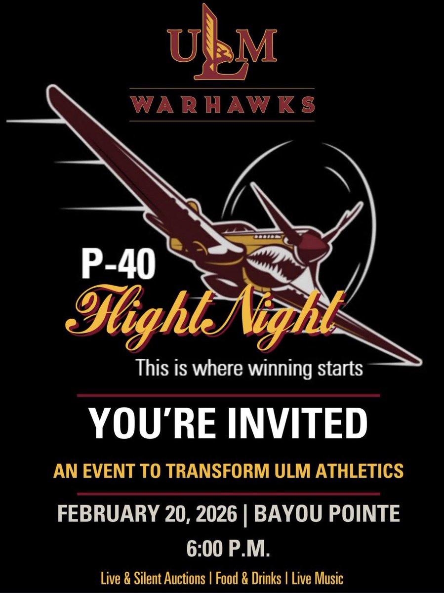 ULMWarhawks's tweet photo. 𝗧𝗼𝗻𝗶𝗴𝗵𝘁’𝘀 𝘁𝗵𝗲 𝗻𝗶𝗴𝗵𝘁🤩
Can’t wait to see everyone at P-40 Flight Night! 

For those that cannot make it, we have a few items available for bidding online. Bidding will close at noon tomorrow!

BID HERE🛒: https://t.co/kTGPMJ6mUM https://t.co/OQjcj0nDoL