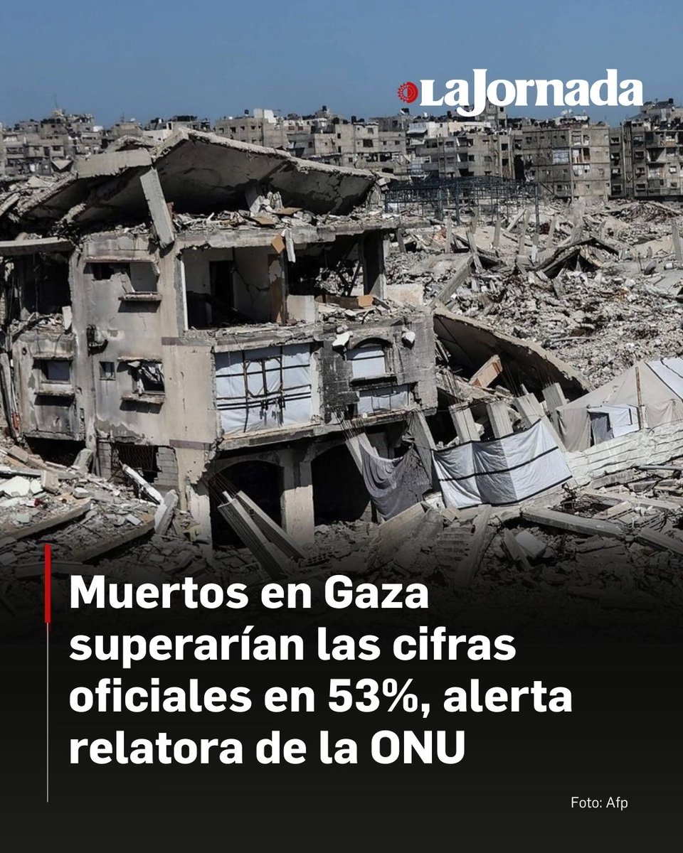 lajornadaonline's tweet photo. 🇵🇸 🔴 La relatora especial de Naciones Unidas para los Territorios Palestinos Ocupados, Francesca Albanese, denunció que el número de muertos en Gaza en los primeros 15 meses del ataque de Israel fue un 53% mayor que las cifras oficiales.

La funcionaria citó el artículo “Número de muertos violentos y no violentos en el conflicto de Gaza: nueva evidencia primaria de una encuesta de campo representativa de la población”, publicado por 'The Lancet Salud Global', este miércoles.

“Así que las cifras reales hasta ahora podrían superar las 110 mil muertes, o 124 mil, incluyendo las muertes indirectas, lo que representa el 5.4 por ciento de la población de Gaza e Israel no se detiene”, añadió.

Lee más aquí 👇
https://t.co/s72P1zcJsF
