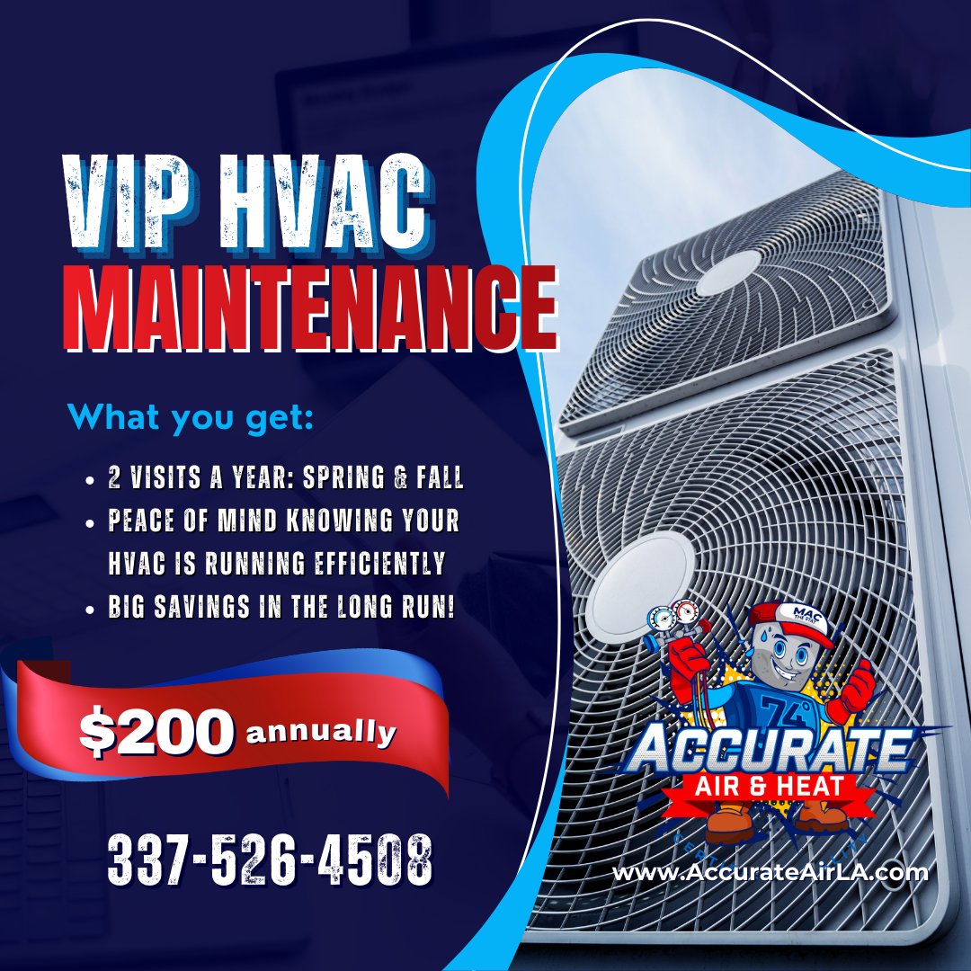 AccurateAirLA's tweet photo. 🌬️🔥 Stay Comfortable Year-Round with Accurate Air’s HVAC Maintenance Plan! 🔥🌬️

For just $200 per year, our VIP HVAC Maintenance Plan keeps your system running at peak performance , saving you money and preventing costly breakdowns.

337-526-4508
https://t.co/z6XxkhyTfS https://t.co/Q5B8H9b8fP