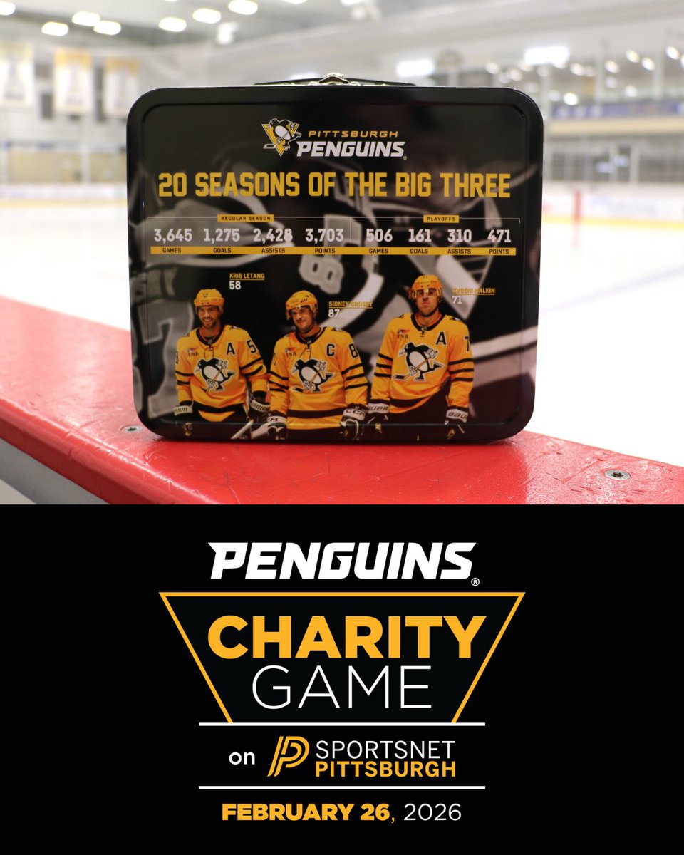 MarioLemieuxFdn's tweet photo. The Penguins Big 3️⃣ Retro Lunchbox honors 20 years of greatness from Crosby, Malkin + Letang. Don't miss your chance to celebrate a remarkable era of @Penguins hockey when you purchase a Penguins Charity Bag!

Penguins Charity Game info: https://t.co/12MZf3LCwu

@pensfoundation https://t.co/tziL3IfsdA