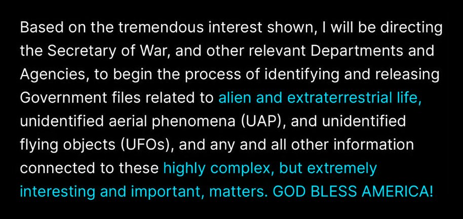 The wording and tone are important.

Trump has never expressed concern about ETs or UFOs, including the "mystery drones". 

There is no UFO threat. If there was, we would already know it.

He uses both "Alien" and "Extraterrestrial" suggesting a variety of beings coming to Earth.
