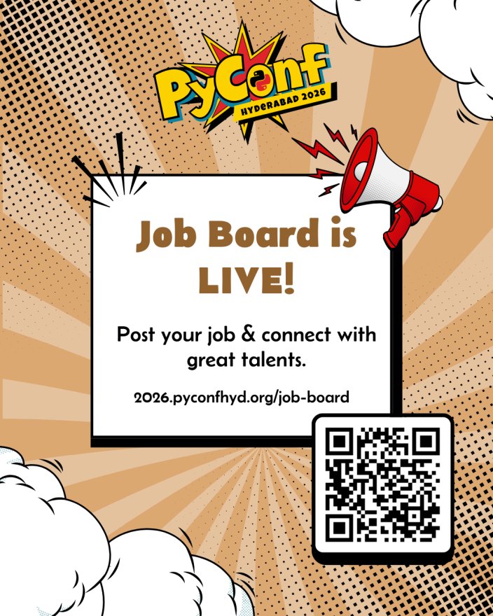 💼 The #PyConfHyd2026 Job Board is now LIVE!

Share your openings: tinyurl.com/PyConfHyd2026-… 

Explore openings: 2026.pyconfhyd.org/job-board

Also, don’t miss attending the conference - a place to network &amp; unlock opportunities in person. Grab your ticket now: 2026.pyconfhyd.org/tickets