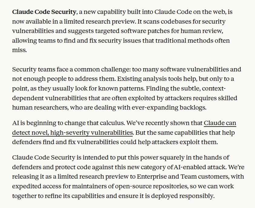 Mayhem4Markets's tweet photo. What Anthropic actually announced is called Claude Code Security.

It will allow the scanning of codebases for vulnerabilities.

This doesn't actually compete with $CRWD, but the headline is still being interpreted as an existential thread to the company's business model. https://t.co/v3Q62C7NBJ