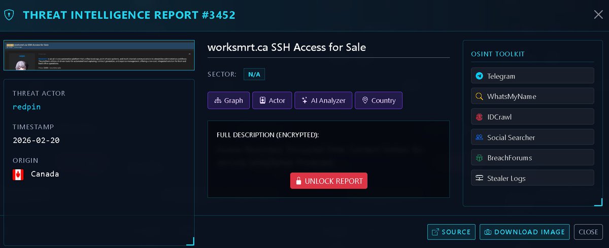 🇨🇦 THREAT ALERT: WorkSmrt.ca - SSH Administrative 

Victim: WorkSmrt.ca (Canada) 🇨🇦
Threat Actor: redpin
Timestamp: February 20, 2026
Sector: Technology / Business Automation

A critical security compromise has been identified targeting WorkSmrt