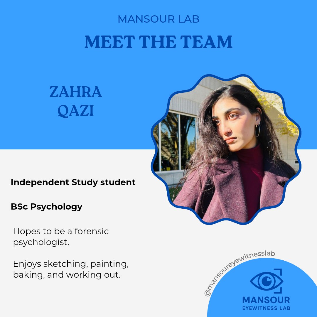 eyewitness_lab's tweet photo. This semester we are pleased to have Zahra Qazi join our team!

Zahra would like to learn more about forensics and become a forensic psychologist. 

In her free time, Zahra enjoys sketching, painting, baking, and working out.✍️🎨🧁💪

Welcome Zahra! https://t.co/g4aZWhvMlC