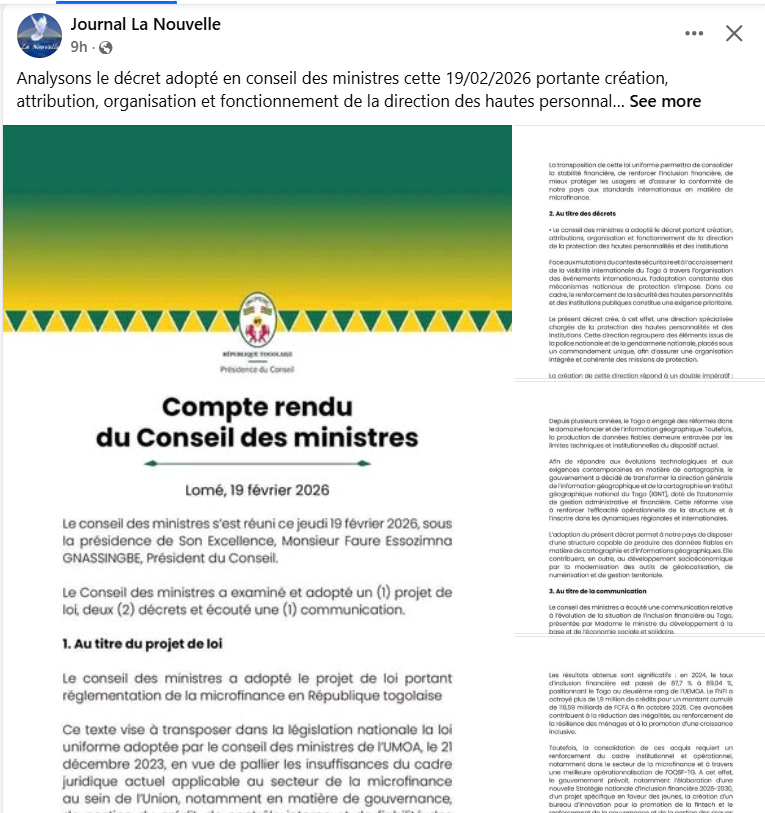 AblodeGbadja1's tweet photo. TOGO - Analysons le décret adopté en conseil des ministres cette 19/02/2026 portante création, attribution, organisation et fonctionnement de la direction des hautes personnalités et des institutions.
On entend par hautes personnalités le PCM et ses ministres, le PR, le président de l'assemblée nationale, le président du Sénat et leurs vices président respectifs sans oublier les directeurs généraux des banques et différents établissements publics ainsi le DG du trésor, le DG du port Autonome de Lomé, etc.
Le texte invoque un "contexte sécuritaire en mutation" et "l’accroissement de la visibilité internationale du Togo", mais sans jamais préciser quelles menaces concrètes justifient la création d’une direction spéciale regroupant police  gendarmerie sous un commandement unique.
Pourquoi un tel décret maintenant ?
1. Centraliser le contrôle des forces de sécurité
Créer une direction unique, fusionnant police et gendarmerie pour protéger les “hautes personnalités”, permet :
- de réduire les contre pouvoirs internes ;
- de placer la protection rapprochée sous une chaîne de commandement plus politique ;
- d’éviter que différentes unités aient des loyautés divergentes.
Ce type de centralisation apparaît souvent dans les États où le pouvoir veut verrouiller son environnement immédiat.
2. Anticiper des tensions politiques internes
Même si le texte ne le dit pas, ce genre de dispositif est typique lorsque :
- des rivalités internes existent dans les forces de sécurité ;
- le pouvoir craint des défections, fuites ou contestations venant de l’intérieur.
Le décret parle de "cibles de menaces particulières", mais ne dit jamais lesquelles. C’est un signe de menace diffuse, souvent interne plutôt qu’externe.
3. Renforcer la protection protocolaire pour les événements internationaux
C’est l’argument officiel : le Togo accueille plus d’événements internationaux, donc il faut professionnaliser la protection.
Mais cet argument est faible, car :
- la protection protocolaire existe déjà dans la police et la gendarmerie ;
- un simple renforcement des unités existantes aurait suffi ;
- créer une nouvelle direction entière est disproportionné pour un motif purement protocolaire.
La création d’une unité mixte police gendarmerie dédiée aux personnalités sert à :
a) sécuriser le régime, pas seulement les individus;
b) surveiller l’environnement politique et
c) réduire les risques de coups internes.
Ce vocabulaire est typique d’une réorganisation stratégique du dispositif de protection du pouvoir.
Milawoe le 19/02/2026
Nous rejoindre Milawoe Telegram
https://t.co/6sVg2JHFO8