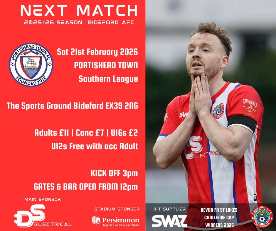 𝗨𝗽 𝗡𝗲𝘅𝘁….

Don’t forget, we are at home to <a href="/PortisheadTown/">Portishead Town FC</a> at the <a href="/PersimmonHomes/">persimmonhomes</a> Sports Ground tomorrow for another big game in <a href="/SouthernLeague1/">The Pitching In Southern Football League</a> Division One South.

Make sure you come and join us 🙌🏻 

#ROBINS