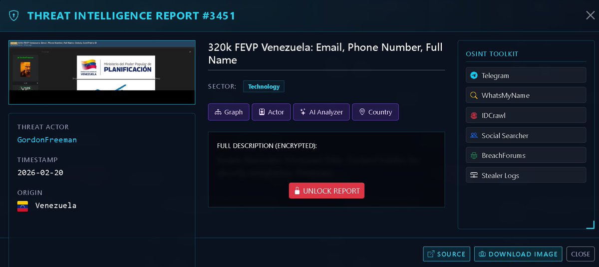 🇻🇪 THREAT ALERT: FEVP Venezuela - 320,000 PII Records Exposed

Victim: FEVP / Ministry of Planning (Venezuela) 🇻🇪
Threat Actor: GordonFreeman
Timestamp: February 20, 2026
Sector: Technology / Government
Volume: 320,000 Records

A critical security breach has been confirmed