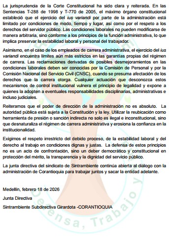 RCorantioquia's tweet photo. Comunicado de la Junta Directiva de @Sintrambiente @Corantioquia  a la opinión publica #conectadosporlavida @CGTANTIOQUIA2 @CGTAntioquia1 @GobAntioquia @MintrabajoCol @MinAmbienteCo @SintrambienteNa https://t.co/wjii8p4u41