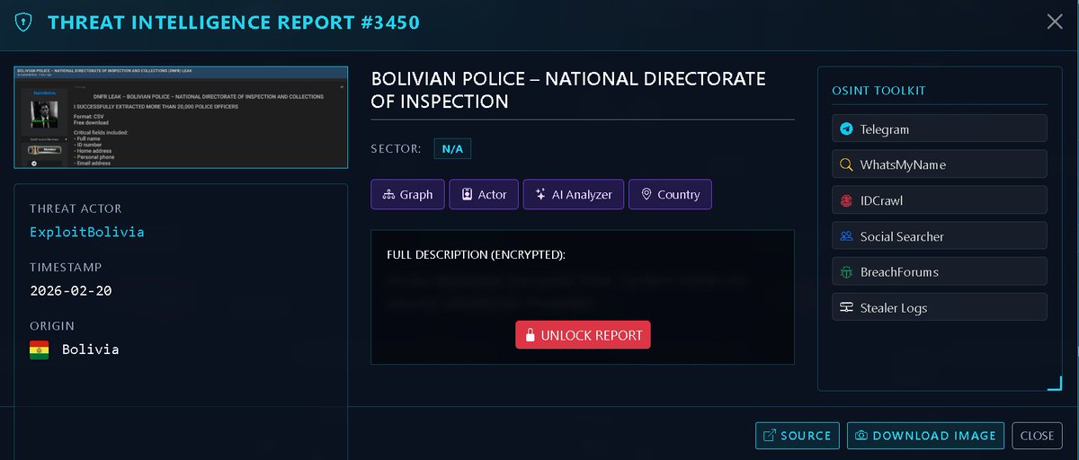 🇧🇴 THREAT ALERT: Bolivian Police (DNFR) - 20,000+ Officer Records Leak

Victim: Bolivian Police – National Directorate of Inspection (DNFR) 🇧🇴
Threat Actor: ExploitBolivia
Timestamp: February 20, 2026
Sector: Law Enforcement / Government
Volume: 20,000+ Officer Records

A