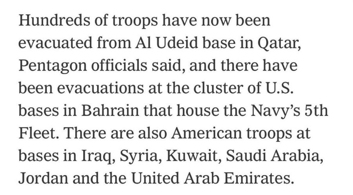 ConflictTR's tweet photo. 🔴 Pentagon yetkilileri, Katar'daki El Udeid üssünden yüzlerce askerin tahliye edildiğini bildirdi 

- New York Times https://t.co/o3f9JeeCRM