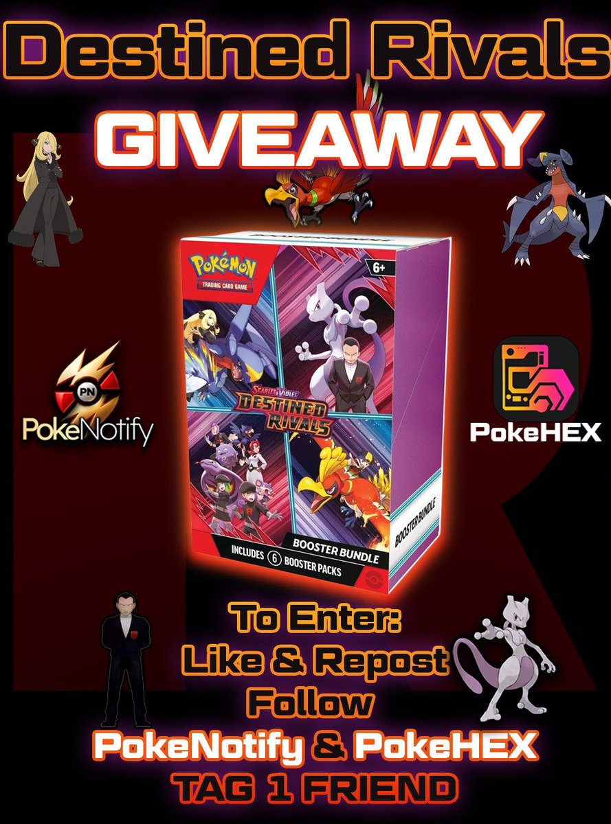 🎉 GIVEAWAY ALERT 🎉
We’re giving away a SEALED Pokémon Scarlet &amp; Violet Destined Rivals Booster Bundle! 🎁

To enter:
✅ Like &amp; Repost
✅ Follow <a href="/PokeHEX5555/">PokeHEX</a> and <a href="/PokeNotifyX/">PokeNotify</a>
✅ Tag a friend who loves Pokémon
🗓️ Winner announced by PokeNotify on February 23rd