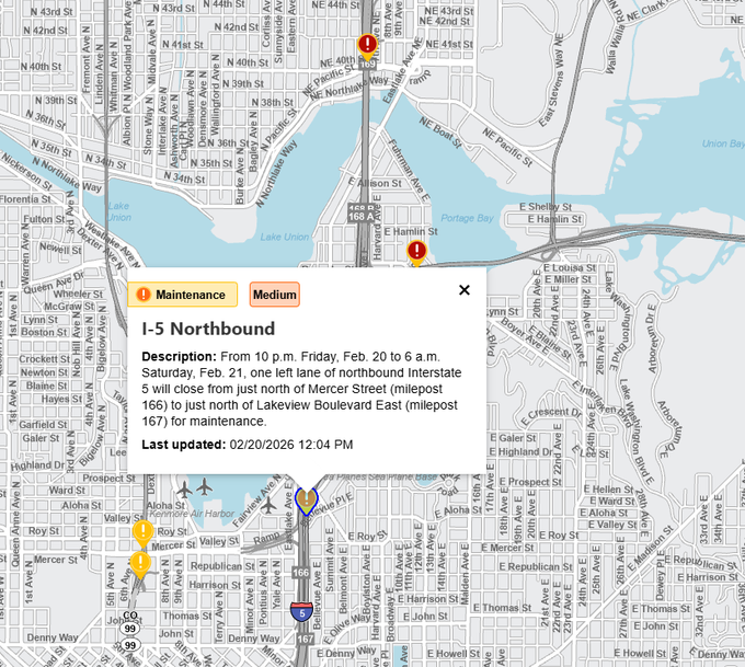 [I-5] 西雅图注意!2.20-21 今晚10点至周六6点 NB I-5北行 Mercer至Lakeview