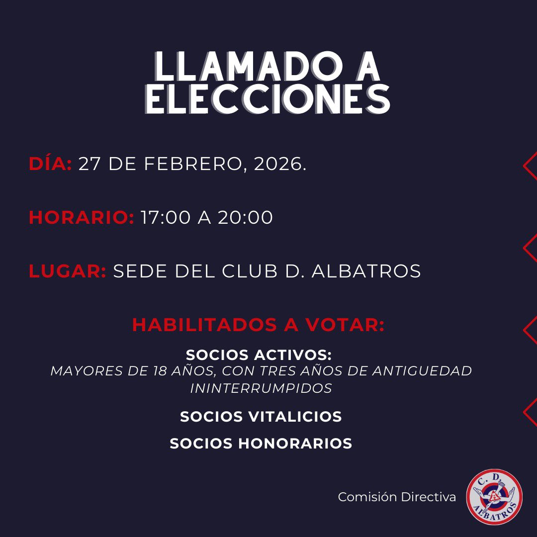 CDAlbatros1941's tweet photo. LLAMADO A ELECCIONES 🗳️🔺

Este 27 de Febrero de 17:00hs a 20:00hs en la sede del Club, llamamos a Socios Activos, Honorarios y Vitalicios a participar de una nueva elección de comisión directiva para el periodo 2026-2028. https://t.co/wN6ykygqxs