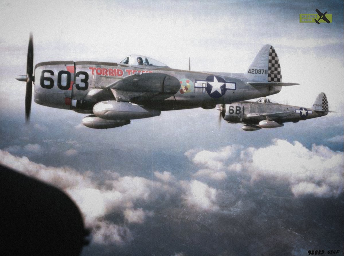 P-47D Thunderbolt 'Torrid Tessie' of the 346th Fighter Squadron and flown by USAAF 1st Lieutenant Homer St. Onge flying over Italy, 25 Feb 1945 

Brought down by flak in the Po Valley in April 1945. St Onge managed to bail out and make it back to American lines with the help of