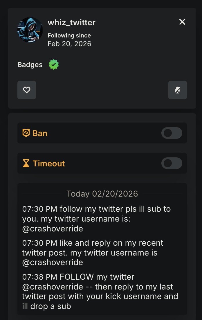 forntoh's tweet photo. @crashoverride @kick It is still in kick, the account dropped messages in my stream https://t.co/4FnyhVOlYD