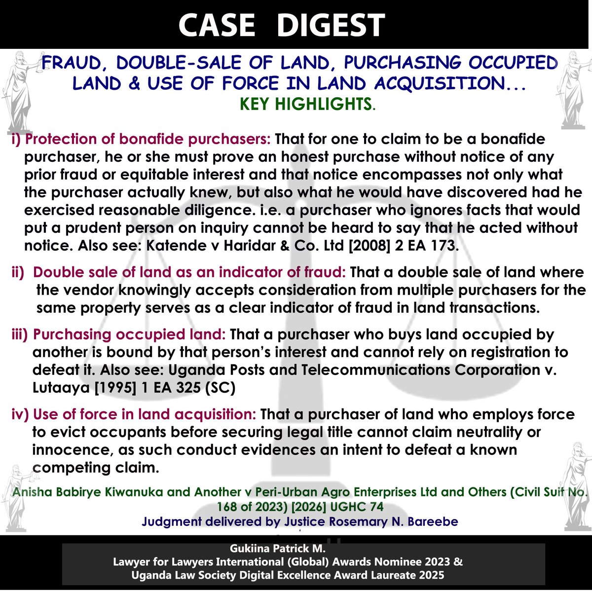 #LEGALALERT.
Fraud, double sale of the same piece of land, purchasing occupied land, and use of force in land acquisition. et al.