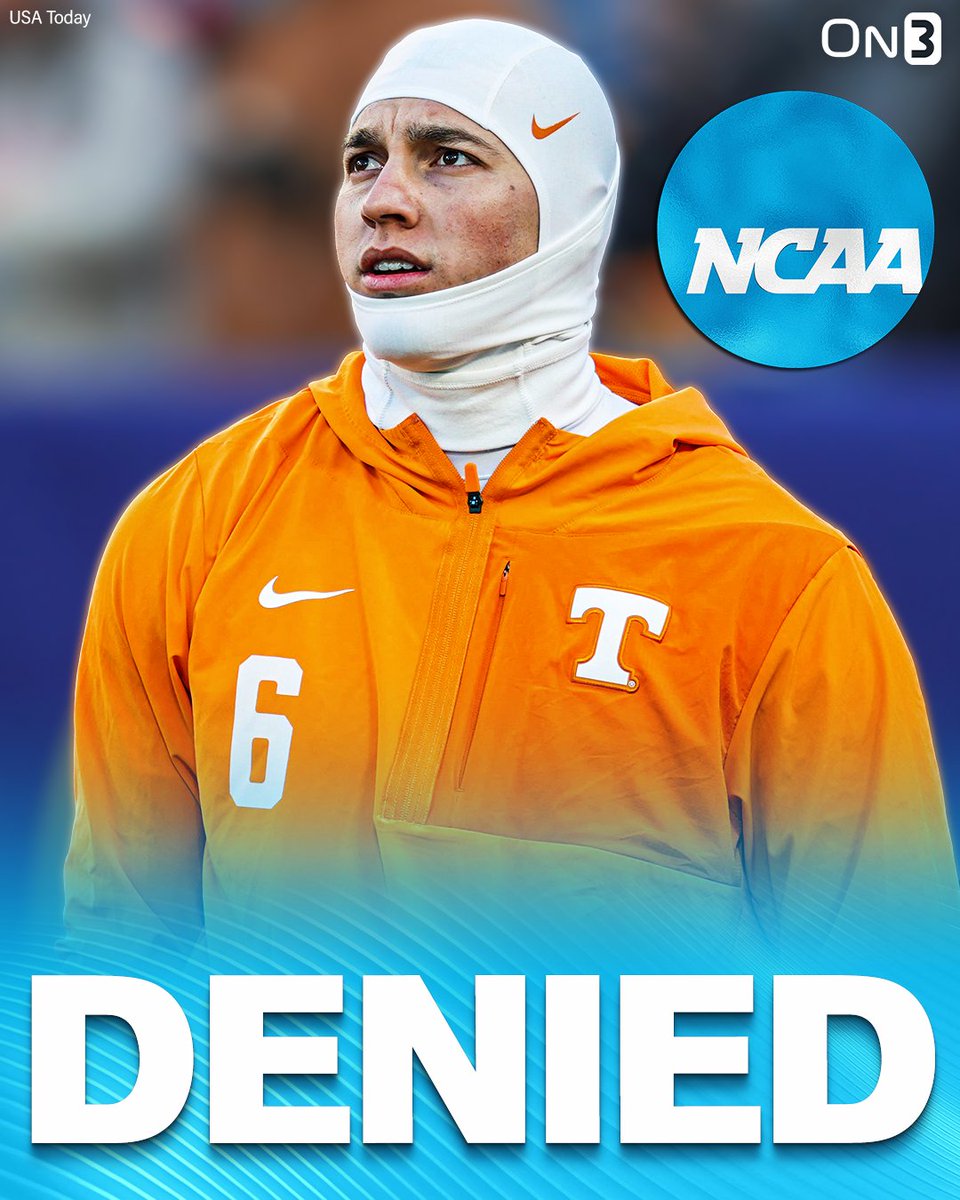 On3's tweet image. BREAKING: Tennessee QB Joey Aguilar's request for a preliminary injunction, giving him another season of eligibility, was denied in court Friday, @clowfb reports❌ 

on3.com/news/judge-den…