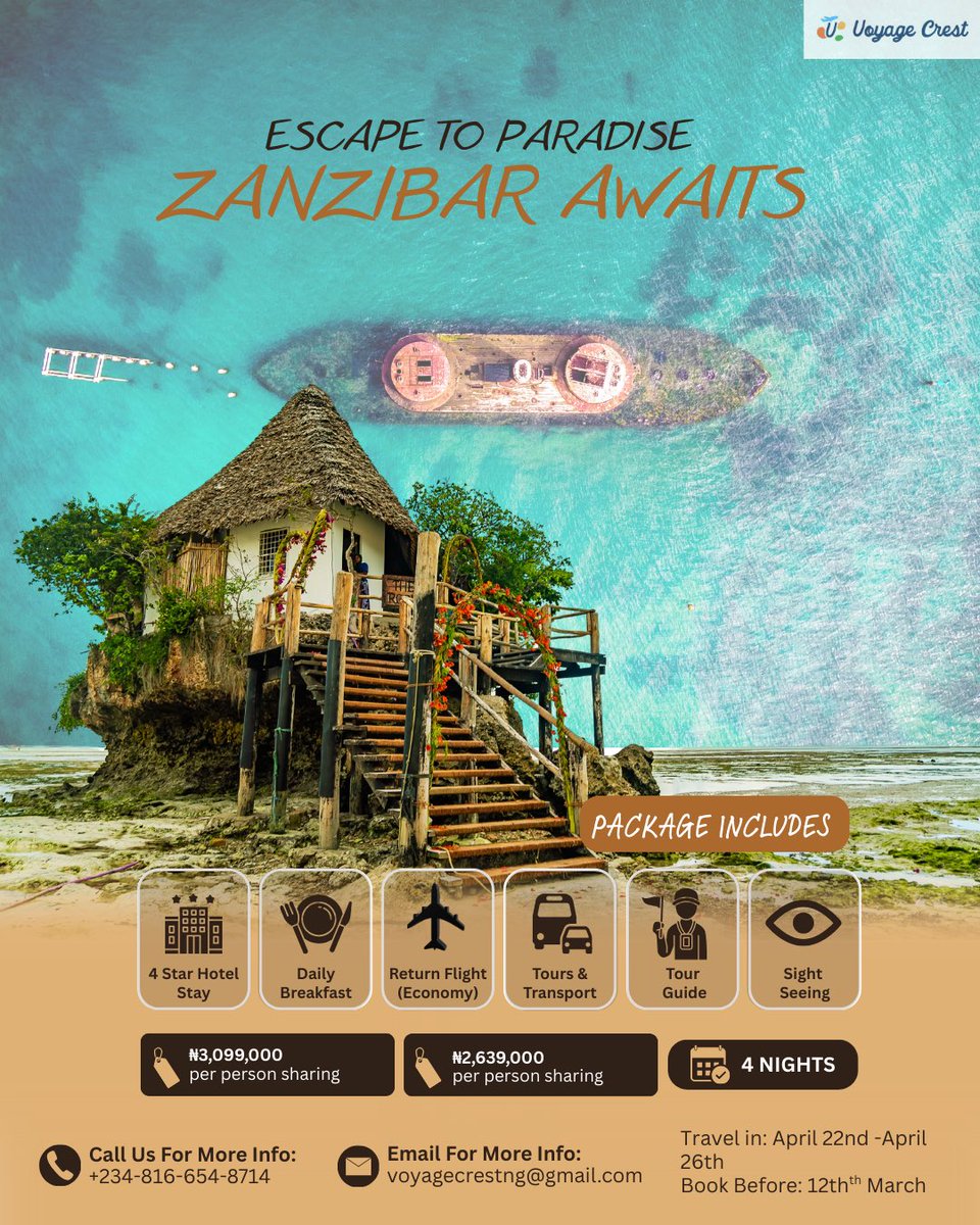 voyagecrestng's tweet photo. 🌴✈️ Discover paradise with our 4-Night Zanzibar getaway!

Package includes return economy flights + 4 nights hotel stay with breakfast — plus unforgettable experiences:

Your perfect mix of adventure, relaxation, and island vibes awaits ☀️🏝️

📩 DM now to secure your slot before it sells out!
#ZanzibarTrip #BeachVacation #TravelDeals #IslandEscape