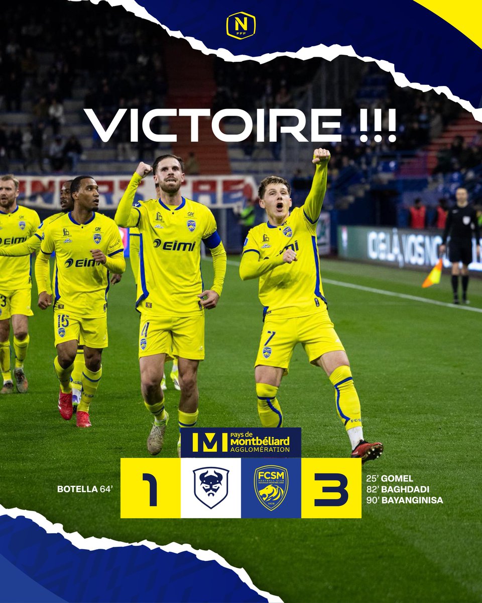 🏁 𝐕𝐈𝐂𝐓𝐎𝐈𝐑𝐄 𝐃𝐔 𝐅𝐂𝐒𝐌 !!!

Au bout de l’effort, les Sochaliens arrachent une précieuse victoire sur la pelouse du Stade Malherbe Caen.

1⃣-3⃣ #SMCFCSM
