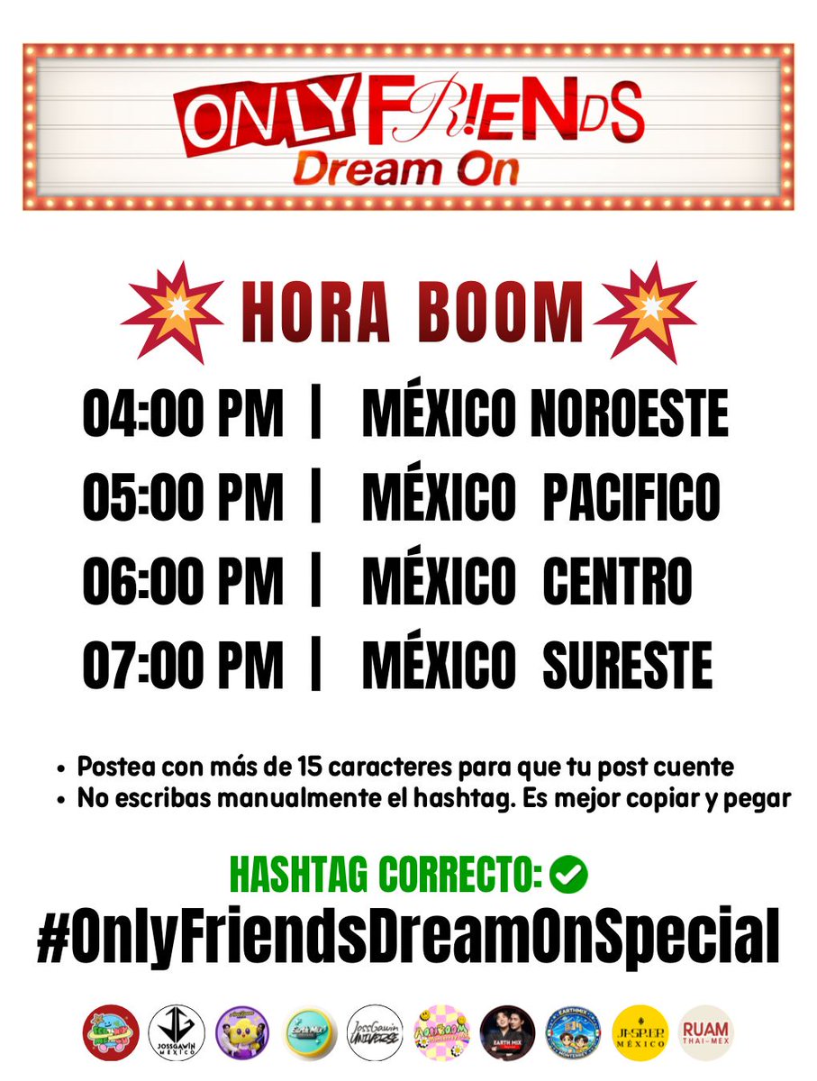 💥HORA BOOM💥

Acompáñanos a impulsar la tendencia: postea, da RT, comenta, interactúa

🚨IMPORTANTE LEER🚨
Recuerda copiar y pegar el hashtag de una fuente confiable, no lo escribas manualmente

Copialo aquí ⬇️
#OnlyFriendsDreamOnSpecial