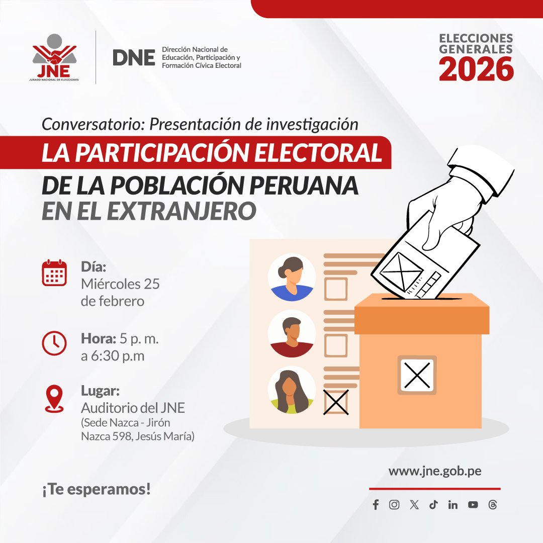 JNE_Peru's tweet photo. El JNE te invita a la presentación de la investigación “La Participación Electoral de la Población Peruana en el Extranjero”, donde analizaremos las tendencias, desafíos y perspectivas del voto de nuestra diáspora.

Inscripciones aquí 👉https://t.co/AUXUK44FEe https://t.co/LXi2zF1GIJ