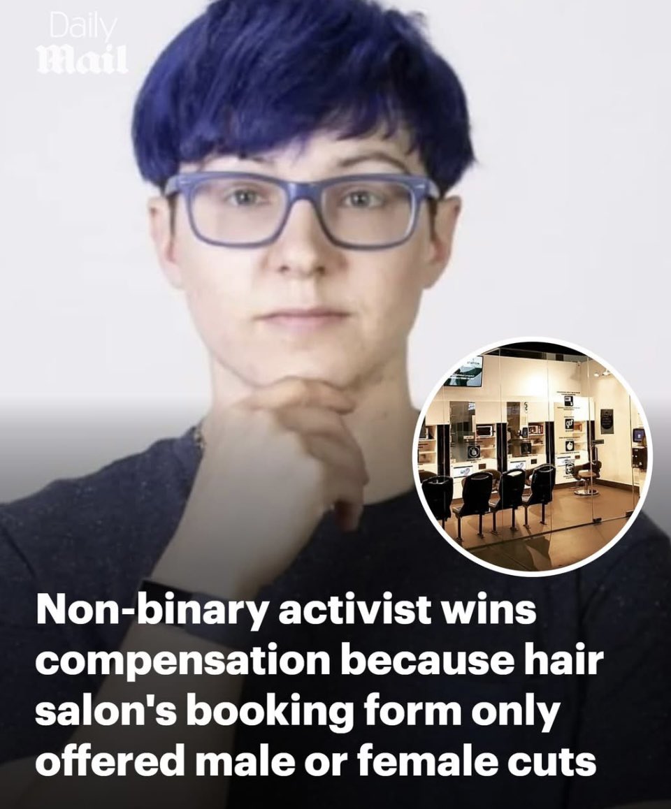 🔥 BREAKING 🔥

Salon only offered male or female haircuts. 

Alexe says they were so traumatized by the experience that they were forced to take a year and a half off work.

These people are insufferable.