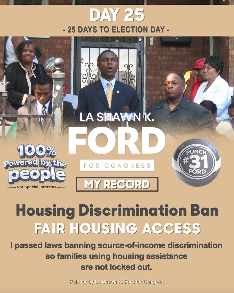 25 days to the Illinois Primary.

I passed legislation banning source-of-income discrimination to strengthen fair housing protections in Illinois.

Fair access to housing matters.

Early voting is underway.
March 17 | Punch #31
#MyRecord #FairHousing #FordForCongress #IL07
