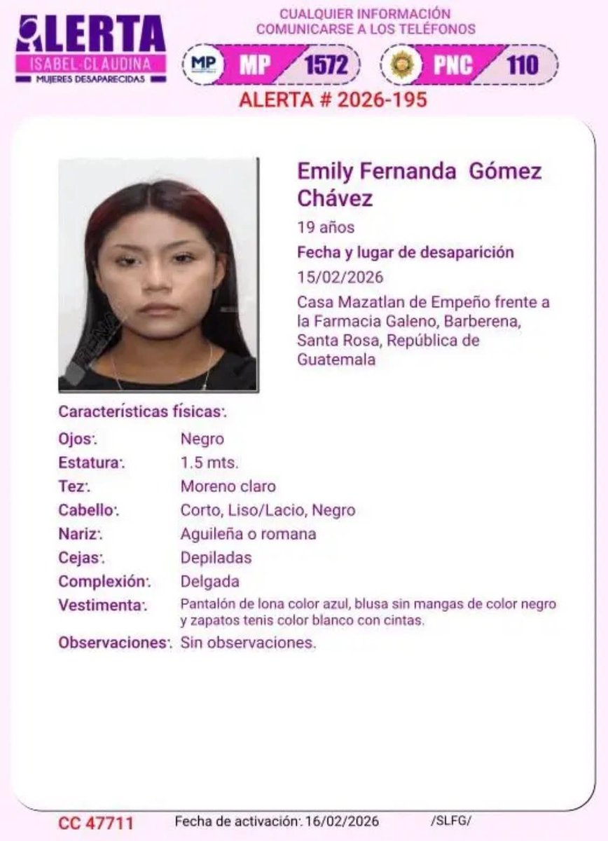 Herman5818Pb's tweet image. FAMILIARES BUSCAN DESESPERADAMENTE A EMILY GÓMEZ 

Familiares y amigos piden ayuda para localizar sana y salva a Emily Fernanda Gómez Chávez de 19 años.

Según la denuncia, fue vista por última vez el domingo 15 de febrero en #Barberena #SantaRosa cuando sostuvo una reunión con