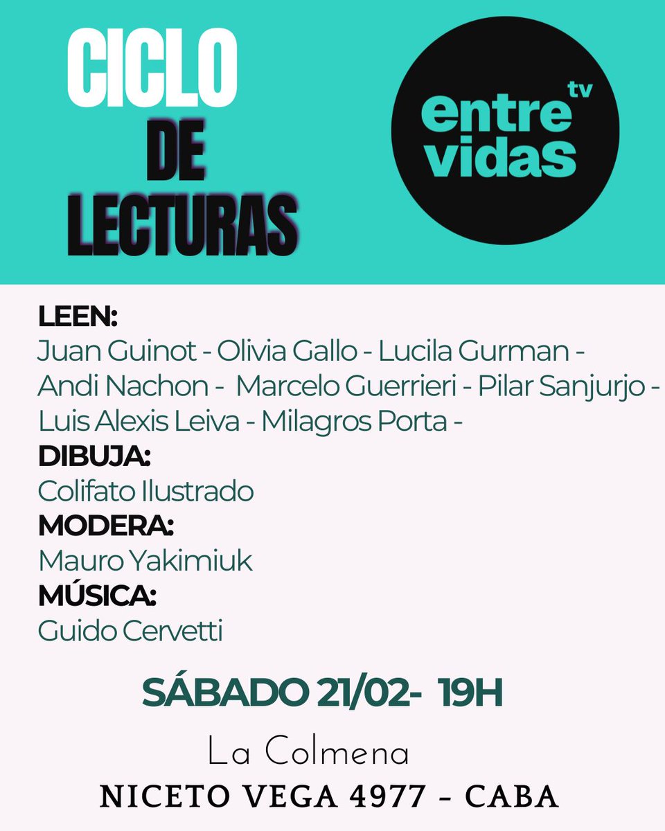 Mañana 19h, lecturas en vivo con colegas y amigos en La Colmena, Niceto Vega 4977, CABA. Gracias a Mauro Yakimiuk de Entre Vidas por la invitación