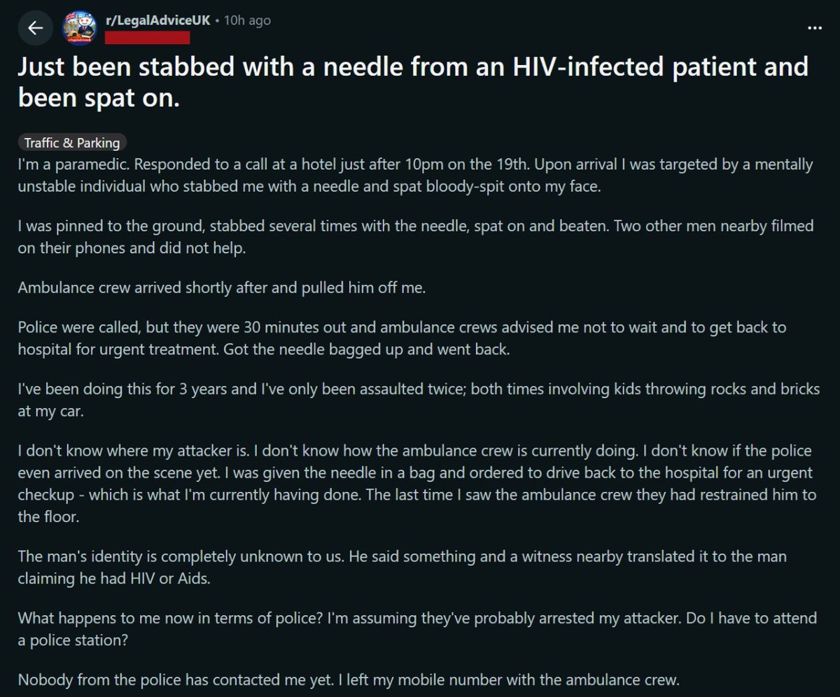 🚨THE UK IS A HORROR STORY🚨

A paramedic attended a migrant hotel

They were jumped on by an illegal migrant, assaulted, spat on and STABBED WITH A NEEDLE

A witness translated that the man had HIV or AIDS

Why is this happening in Britain?

WHY ARE WE LIVING LIKE THIS