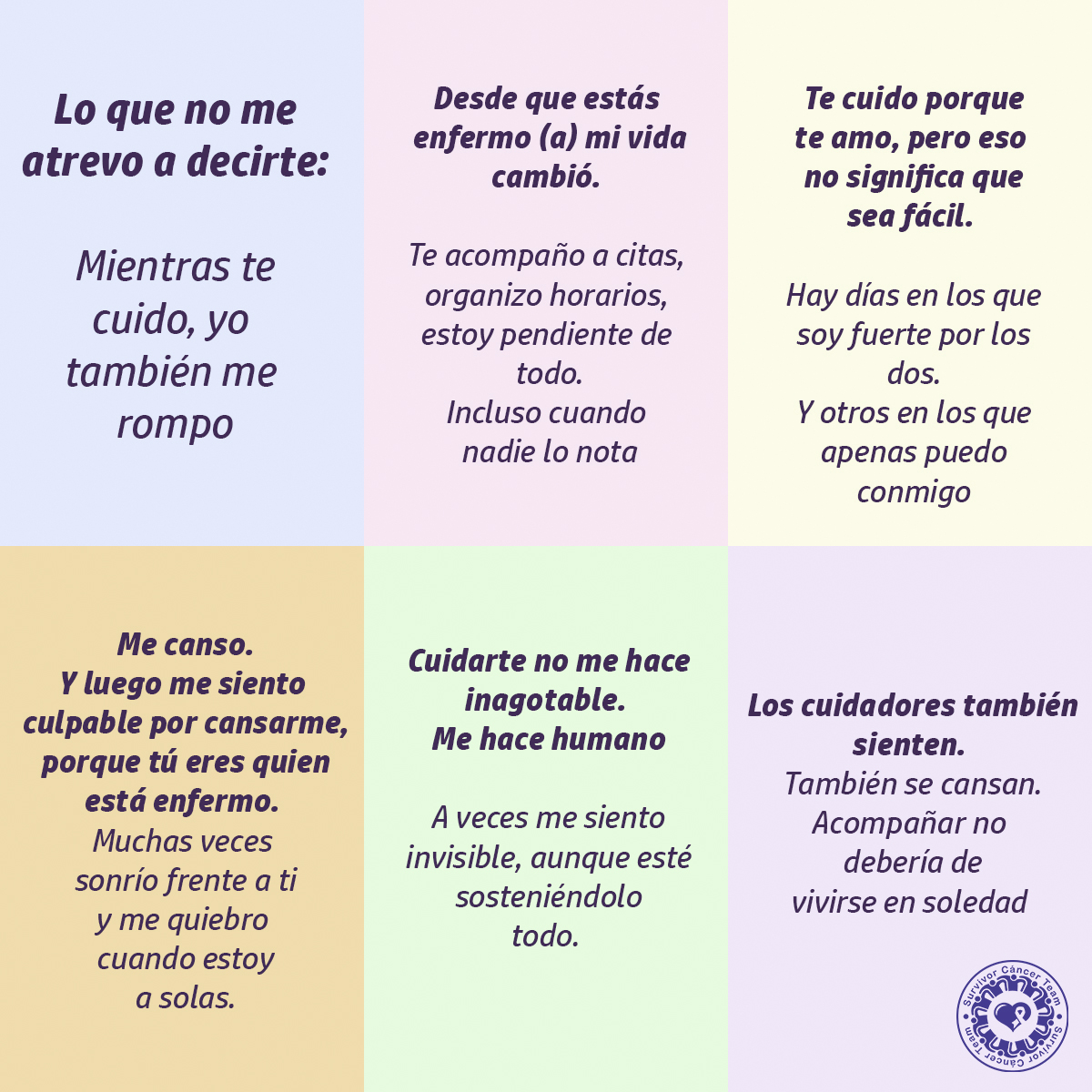 Surviverscancer's tweet photo. Cuidar a quien amas mientras está enfermo te cambia por completo. Eres fuerte por fuera, pero por dentro también te cansas y duele. Hablar de lo que sientes no te hace fallar: te permite seguir cuidando sin romperte. 💜 https://t.co/2yi1bEY84M