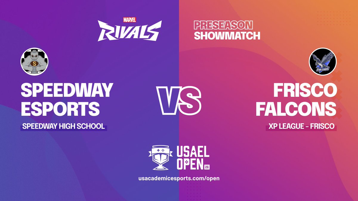 USAELesports's tweet photo. To kick off the USAEL Open Spring Season, we've invited our Fall Marvel Rivals finalists for a preseason showmatch today at 3:30pm PT!

Can the @XPLeague Falcons win the runback, or will the Fall champions @SpeedwayEsports stand their ground?

📺 https://t.co/ZUojW9mxBp https://t.co/iuX6mkjhkD
