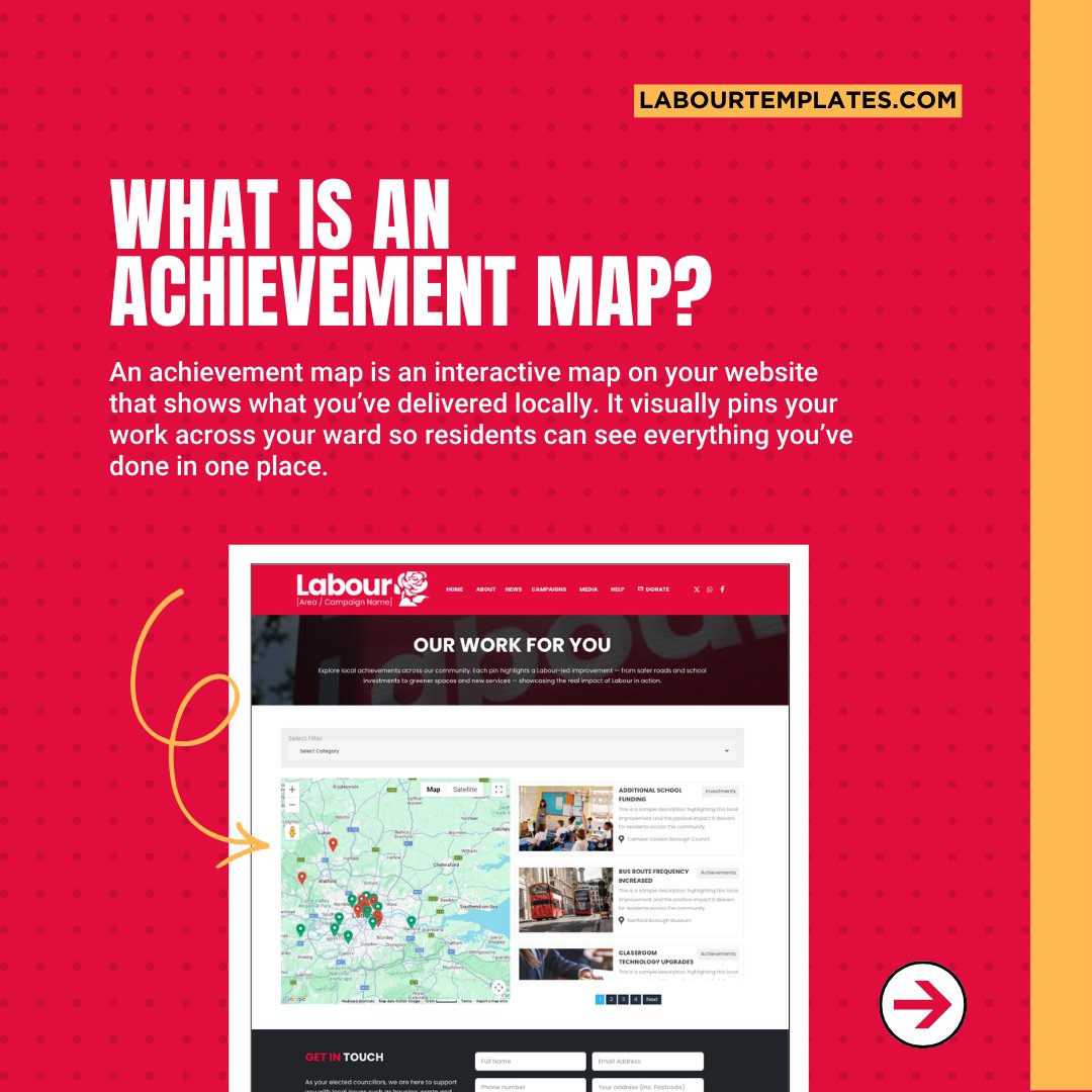 labourtemplates's tweet photo. Since you can’t take out a hoarding every time you fix a pothole, achievement maps are the next best thing. They're a visual way to put all of your work in one place so voters can see what's being delivered locally. In local politics, your track record matters. Make it easy to find.  📷 Check out how it works below and see a preview in action here: https://t.co/5UWEIohDCV