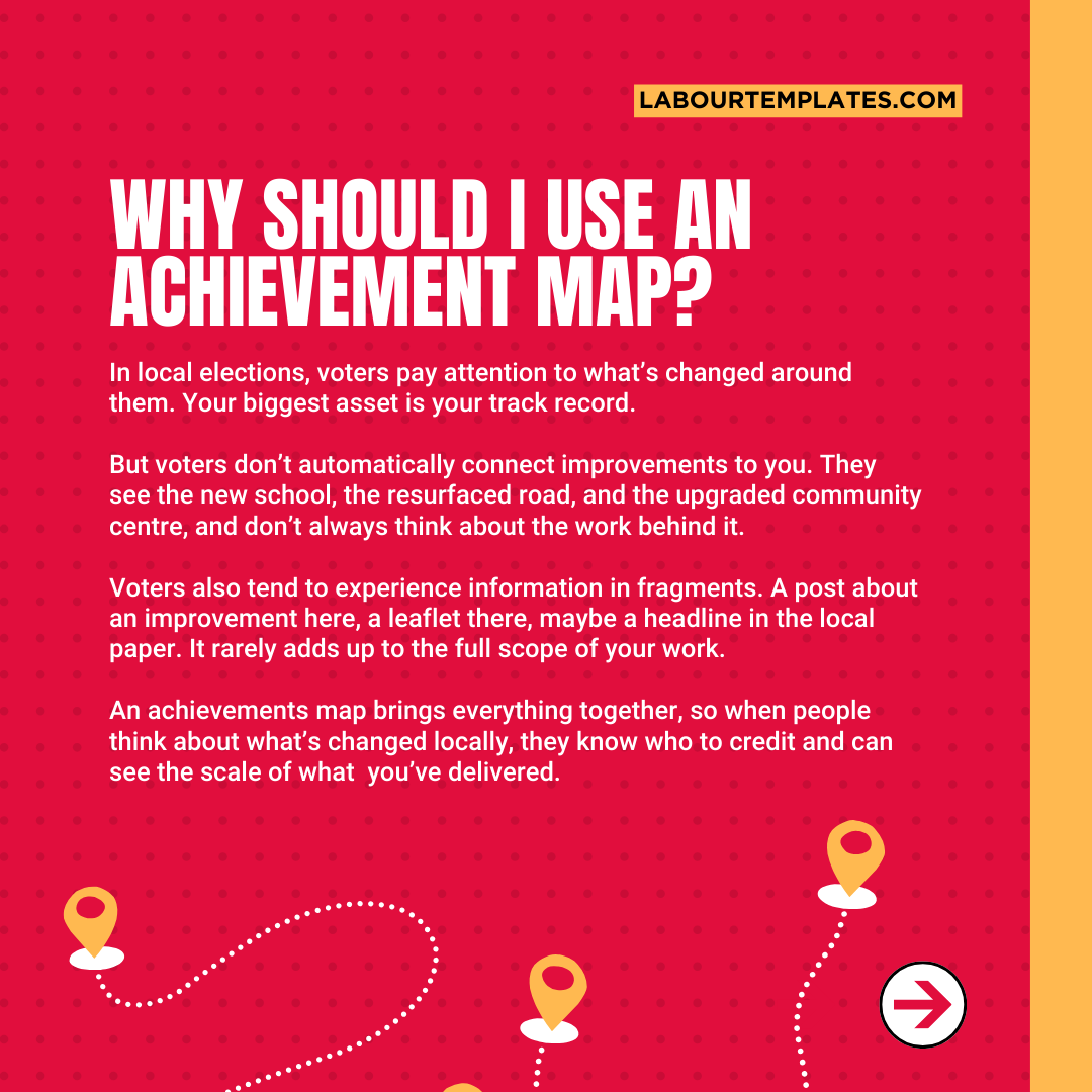 labourtemplates's tweet photo. Since you can’t take out a hoarding every time you fix a pothole, achievement maps are the next best thing. They're a visual way to put all of your work in one place so voters can see what's being delivered locally. In local politics, your track record matters. Make it easy to find.  📷 Check out how it works below and see a preview in action here: https://t.co/5UWEIohDCV