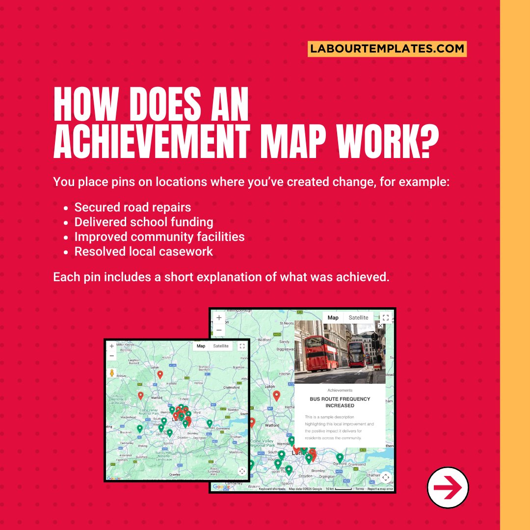 labourtemplates's tweet photo. Since you can’t take out a hoarding every time you fix a pothole, achievement maps are the next best thing. They're a visual way to put all of your work in one place so voters can see what's being delivered locally. In local politics, your track record matters. Make it easy to find.  📷 Check out how it works below and see a preview in action here: https://t.co/5UWEIohDCV