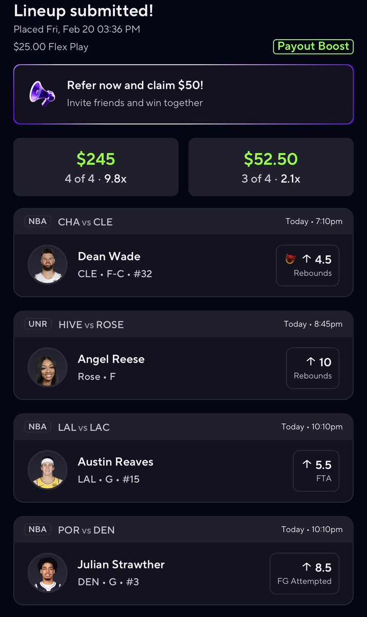 BaneSquad_'s tweet photo. $25 to WIN $245 Flex Play

If this cash, I’m cashapping 1 follower $200 from the winnings 

If the flex goes 3/4 &amp; we win $52.50

I’m dropping a $50 to win $100 Power 2 the next day 

https://t.co/Ob1AYf0huJ

#PrizePicks #BaneSquad https://t.co/sHJ2NaI2MP
