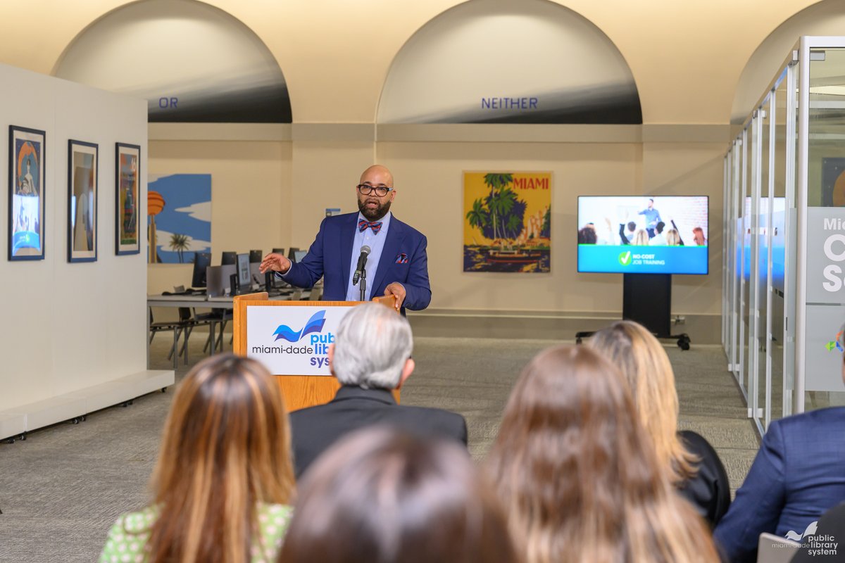 MDPLS's tweet photo. The new CareerSource South Florida Center at the Main Library is open! @MayorDaniella, #MDPLS Interim Director Lydia Lopez & @CareerSourceSFL Executive Director Rick Beasley were joined by County, state & community partners to celebrate the grand opening with a ribbon cutting. https://t.co/BtXI6DTV7I