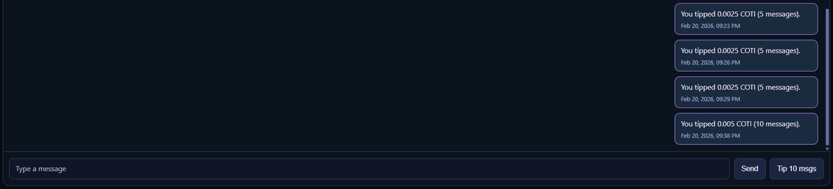 You can now tip your friends messages ( $COTI ) directly from the chat. <a href="/COTInetwork/">COTI Foundation</a> 
When you invite your friends to chat all they have to do is generate a wallet, tip them a few messages and start chatting immediately.
chainwhisper.chat