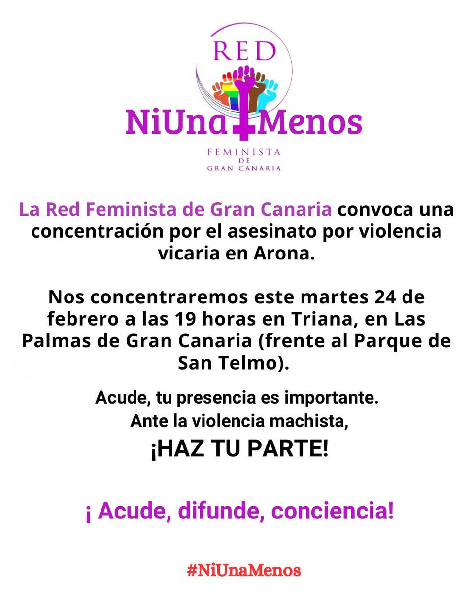 🟣 Convocamos una concentración contra la violencia vicaria tras el asesinato ocurrido en Arona.
📍 Martes 24 de feb
🕖 19:00 h
Tu presencia importa.
Frente a la violencia machista, no miramos hacia otro lado.
✊🏽 Acude, difunde, conciencia.
Porque el silencio también es cómplice