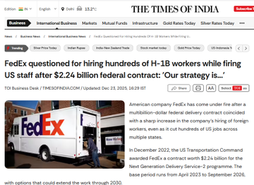 FedEx took billions in taxpayer money.

Then fired Americans.
Then hired H-1B visa labor.
And not one single elected official has condemned it.
Not one. 

Even the Times of India Thinks it suspicious.

JD denounced their refusal to help and we are starting to understand. 

That