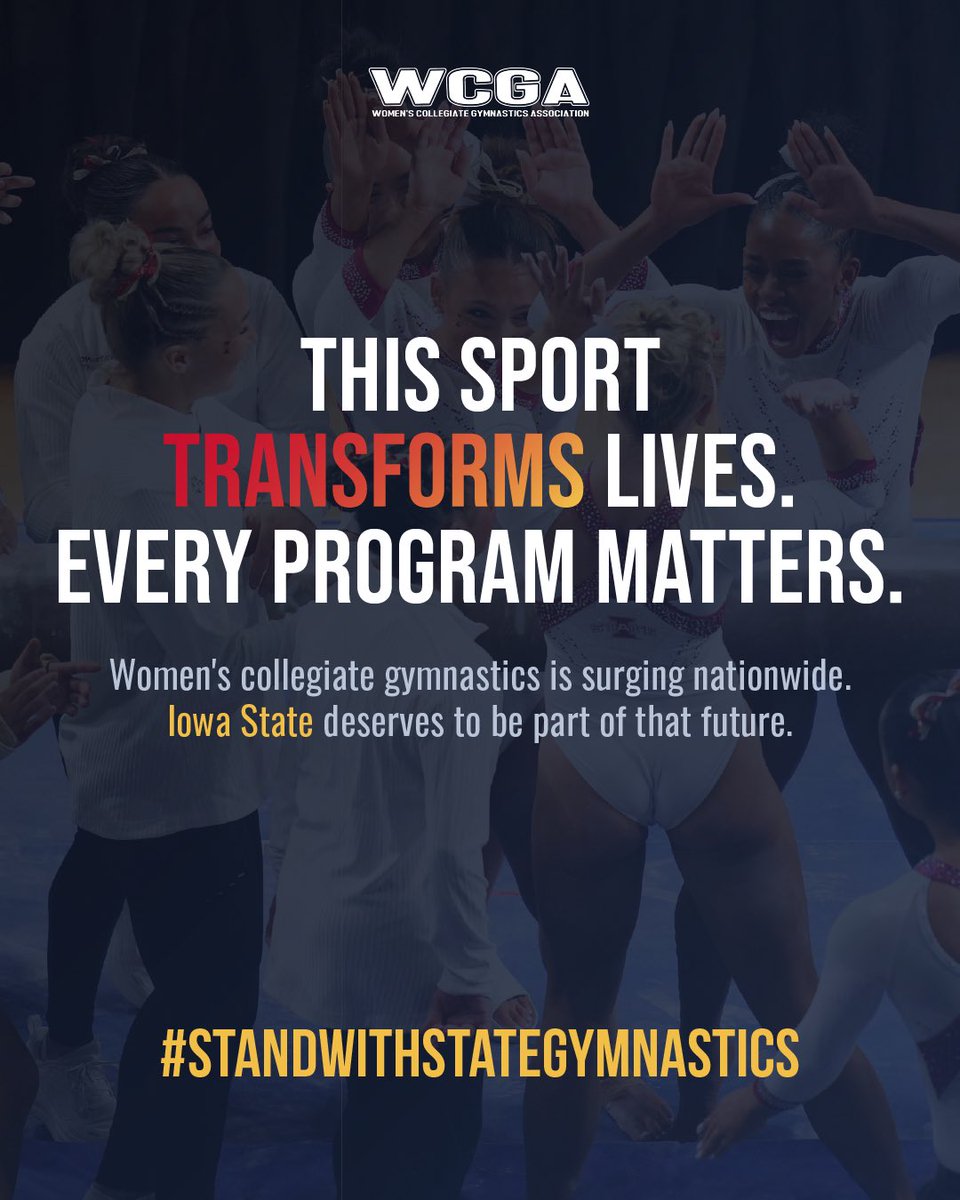wcgagym's tweet photo. THIS SPORT TRANSFORMS LIVES.
EVERY PROGRAM MATTERS.

Women’s collegiate gymnastics is surging nationwide. 
@cyclonegym deserves to be part of that future.
❤️💛🌪️🤸‍♀️
#StandWithStateGymnastics
#NCAAGym https://t.co/ocrBzZskO0