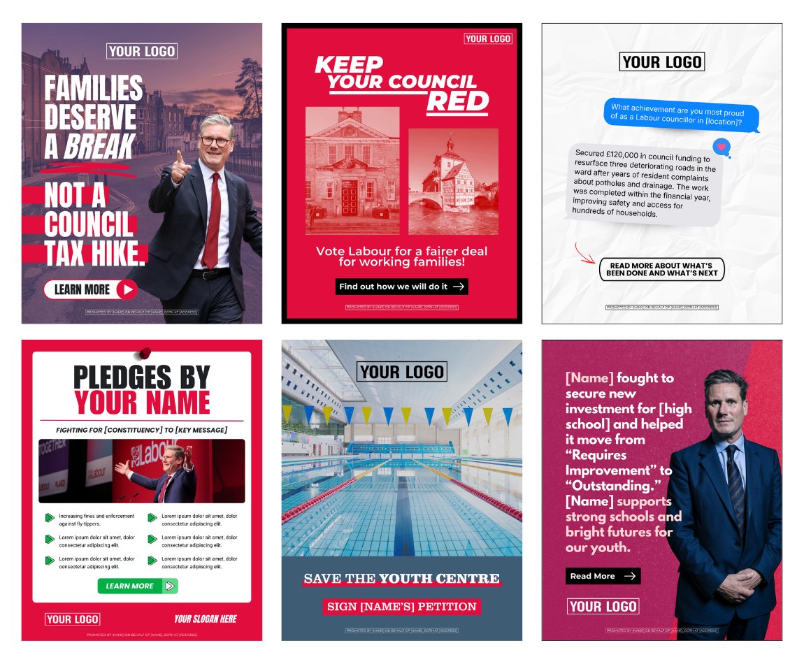 labourtemplates's tweet photo. New graphics drop! These are designed to be Meta ads with each including a call-to-action button ("learn more", "read more", etc.). Ads perform best when linked to a website and you get people to click! CTA buttons help boost that click rate. Check out these graphics and our library of 500+ templates for Labour campaigns here: https://t.co/wLwS1EFbYq